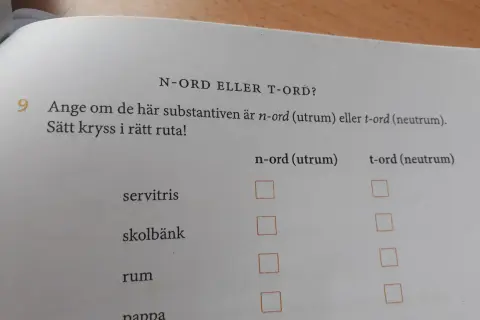En övning i svenska: avgör om orden "servitris", "skolbänk", "rum" och "pappa" är n-ord (utrum) eller t-ord (neutrum).