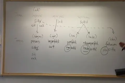 En whiteboard visar verbets tempus för "sitta". Olika former som infinitiv, imperfekt och futurum listas.
