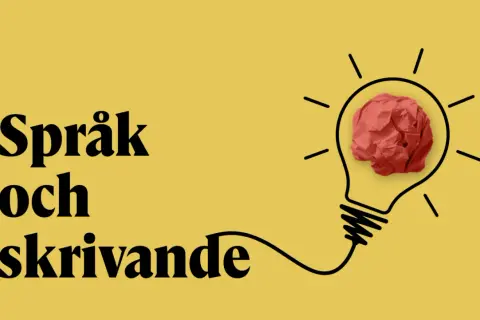 Texten "Språk och skrivande" framför en glödlampa med en röd pappersboll som idé. En kort tankstreck förbinder texten med glödlampan.