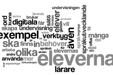 Ord som "eleverna" och "lärare" står i kontrast, som antonym svenska, i en ordmoln om undervisning och språkutveckling.