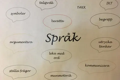 En tankekarta om språk med ord som "talspråk", "symboler", "berätta", "argumentera", "leka med ord", "kommunicera" och "skriva labbrapport" som en del av att uttrycka tankar.