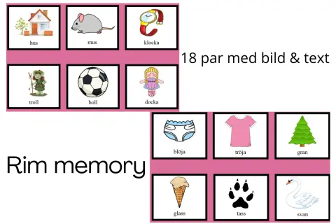 Bildkort för ett rimmemoryspel. Här finns hus, mus, klocka, troll, boll, docka, blöja, tröja, gran, glass, tass och svan. Ett roligt sätt att öva rim varje dag.