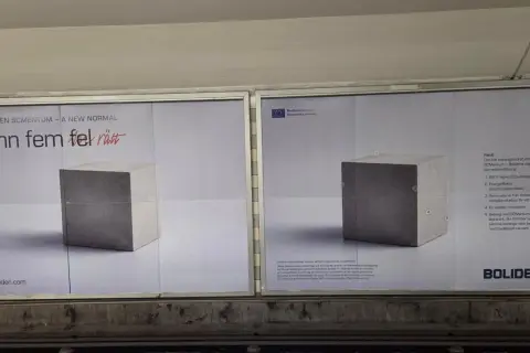 Boliden visar betongblock med texten "Finn fem fel rätt". En ny cementersättning ger 95% lägre CO2-utsläpp. Vart eller blev detta en ny standard?