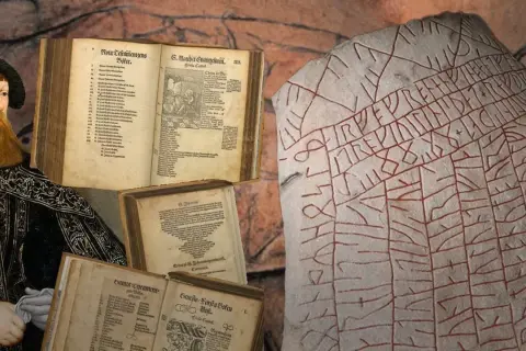 En man i historisk dräkt bredvid gamla böcker och en runsten. Bilden illustrerar hur lingvistik betyder att förstå språkets utveckling genom tiderna.