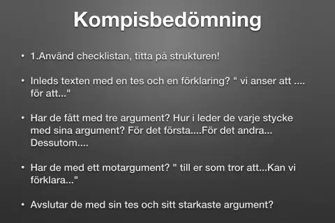 Kompisbedömning: hur avslutar man en argumenterande text? Titta på checklistan, strukturen, tesen och argumenten.