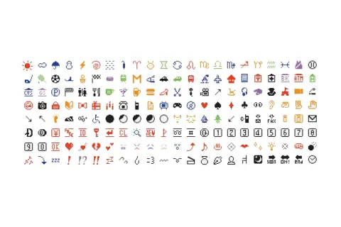 En stor samling pixelgrafik som visar olika sms-tecken och deras betydelse. Här finns symboler för väder, mat, djur, stjärntecken och mycket mer.