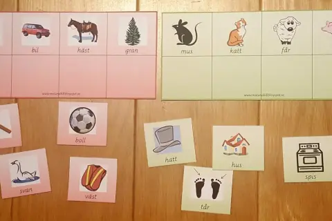 Lär dig svenska rim med bilder på troll, bil, häst, gran, mus, katt, får, gris, fil, boll, svan, väst, hatt, tår, hus och spis.