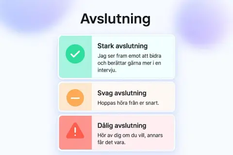 Bilden visar hur man avslutar ett referat med tre alternativ: stark, svag och dålig avslutning. En stark avslutning är positiv och visar intresse.