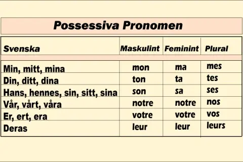 Tabell över possessiva pronomen på svenska, med former för maskulinum, femininum och plural. Här ser vi "Er, ert, era" som motsvarar "votre" och "vos".