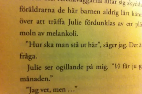 Texten beskriver en känsla av melankoli. "Hur ska man stå ut här", frågar jag. Julie ser ogillande på mig. "Vi får ju gå i månaden." Vad som kommer efter är oklart.