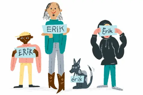 En grupp med flera personer och en hund, alla håller upp skyltar med namnet "Erik". En rolig samling av Erik-schema plural.