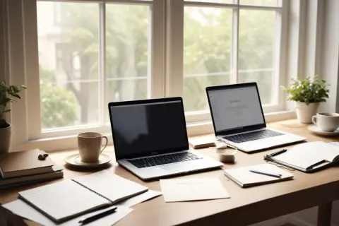 Två laptops, en kaffekopp och anteckningsblock på ett skrivbord. Känns det igen? Detsamma eller det samma, en perfekt arbetsplats för studier eller jobb.