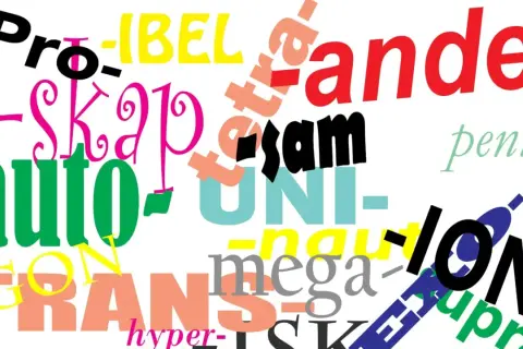 Färgglada bokstäver och ord som "auto", "skapare", "mega" och "jon" bildar en visuell lek, där varje del av ord är en egen konstnärlig enhet.