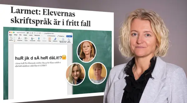 Kvinna ler. I bakgrunden syns en datorskärm med text om elevers skriftspråk och bilder på tre kvinnor. Meningsbyggnad svenska är i fokus.