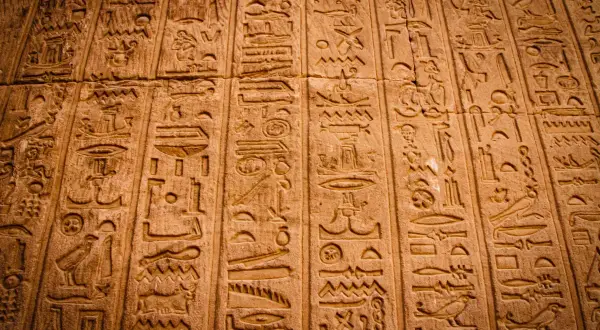 Detaljerade hieroglyfer på en stenmur. Varje symbol är mångfacetterad, berättar en historia från forntiden.