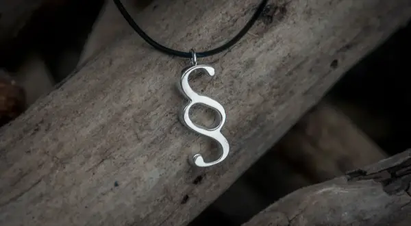 Ett silverhalsband med ett paragraf tecken hänger över en trädstam.