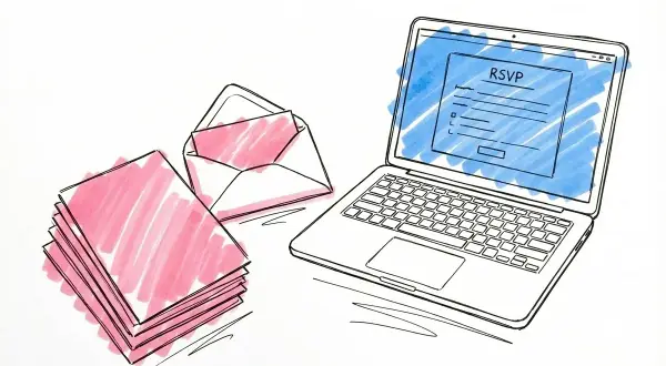 En laptop visar ett formulär för att svara på en inbjudan, bredvid en hög med papper och ett öppet kuvert. Lär dig hur man skriver osa digitalt.