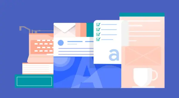 En illustration med en gammal skrivmaskin, böcker, kuvert, en checklista och en kaffekopp. Ett faktatext exempel som visar olika former av information.