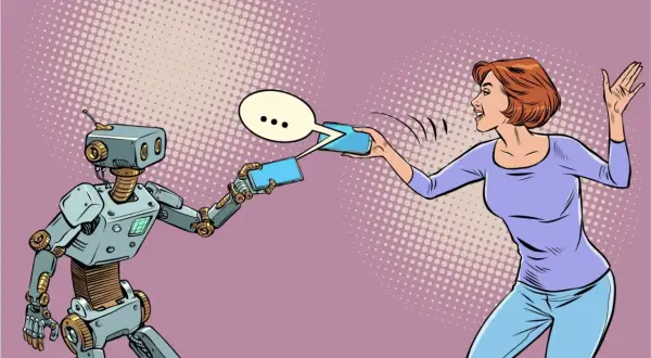 En kvinna och en robot kommunicerar via sina telefoner. De diskuterar vad a och o betyder, kanske om framtiden för AI.