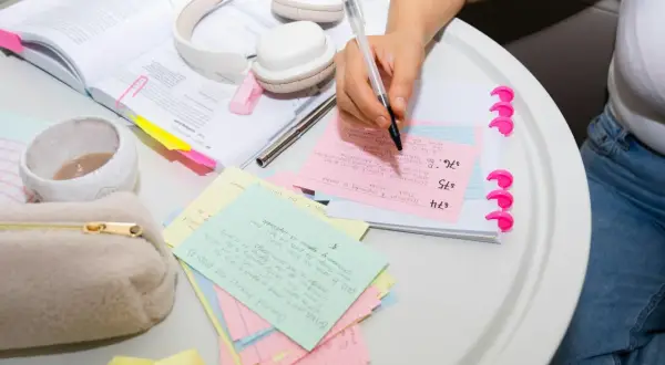 Person skriver på studieflikskort, omgiven av böcker och hörlurar. Kort med texten "dem andra" är synliga.