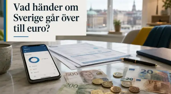 Svenska sedlar och mynt, en mobil med ekonomi-app och texten "Vad händer om Sverige går över till euro?". En diskussion om evro eller euro.