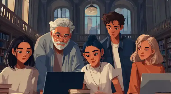En grupp studenter och en äldre man studerar tillsammans vid en laptop i ett bibliotek. Exempel på substantiv: studenter, man, laptop, bibliotek.