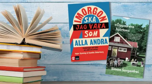 En öppen bok och två böcker på svenska, "Imorgon ska jag vara som alla andra" och "Öppna era hjärtan". Perfekt läsning till en kopp te eller the.