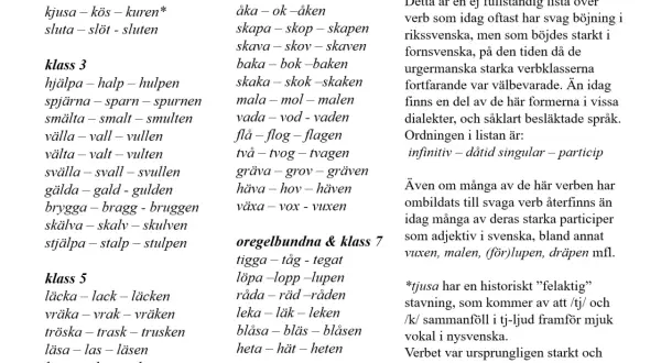Lists of Swedish strong verbs, categorized by class, with infinitive, past tense, and participle forms.