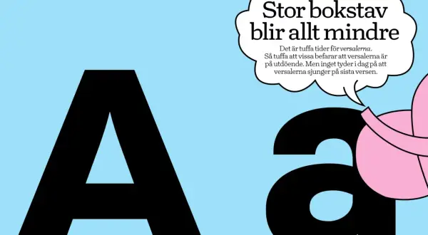 Stor bokstav blir allt mindre. En stor A och en liten a, med en pratbubbla som säger att versaler är på utdöende.