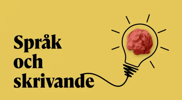 Texten "Språk och skrivande" framför en glödlampa med en röd pappersboll som idé. En kort tankstreck förbinder texten med glödlampan.