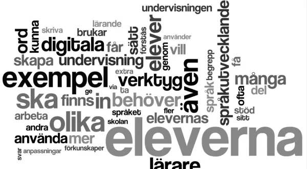 Ord som "eleverna" och "lärare" står i kontrast, som antonym svenska, i en ordmoln om undervisning och språkutveckling.