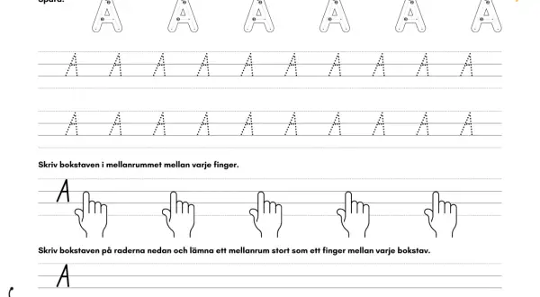 Övningsblad för att skriva bokstaven A. Följ prickarna och skriv bokstaven A i mellanrummet mellan varje finger.