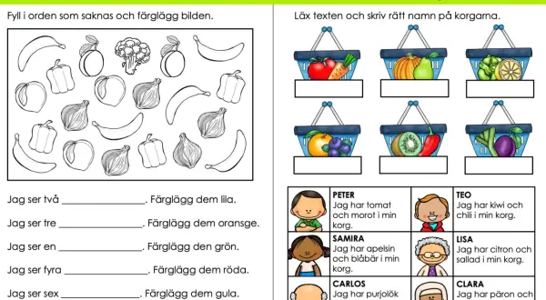 Bilden visar en övning med alla frukter namn på svenska. Barnen ska fylla i och färglägga olika frukter och grönsaker.