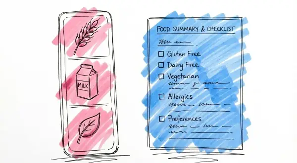 En lista med matpreferenser och allergier, inklusive glutenfritt, mjölkfritt och vegetariskt. Vad ska du osa senast?