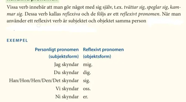 Tabellen visar reflexiva pronomen i svenskan. Exempel: Han skyndar sig.
