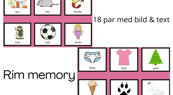 Bildkort för ett rimmemoryspel. Här finns hus, mus, klocka, troll, boll, docka, blöja, tröja, gran, glass, tass och svan. Ett roligt sätt att öva rim varje dag.