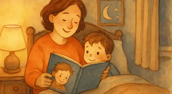 Mamma läser en bok för sitt barn i sängen. Bilden visar hur många ord kan en vuxen lära ett barn.