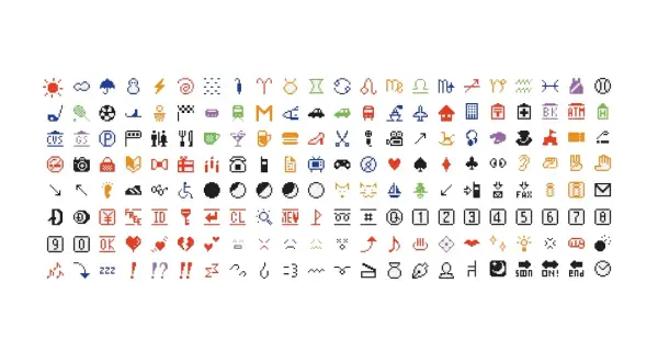 En stor samling pixelgrafik som visar olika sms-tecken och deras betydelse. Här finns symboler för väder, mat, djur, stjärntecken och mycket mer.