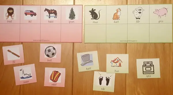 Lär dig svenska rim med bilder på troll, bil, häst, gran, mus, katt, får, gris, fil, boll, svan, väst, hatt, tår, hus och spis.