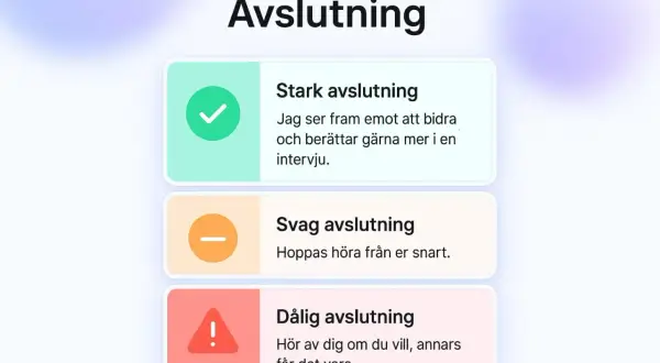 Bilden visar hur man avslutar ett referat med tre alternativ: stark, svag och dålig avslutning. En stark avslutning är positiv och visar intresse.