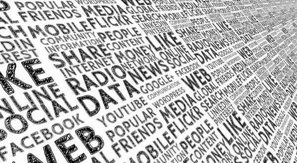 Ord som "webb", "sociala medier" och "internet" fyller bilden, en visuell representation av den digitala världen. Att vara passiv här innebär att bara titta på flödet.