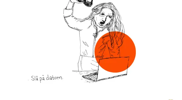 En kvinna slår argt på sin laptop. Texten "Slå på datorn" och "vanliga adverb" finns i bilden.