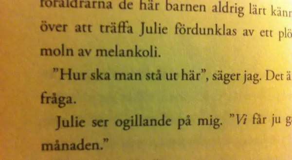 Texten beskriver en känsla av melankoli. "Hur ska man stå ut här", frågar jag. Julie ser ogillande på mig. "Vi får ju gå i månaden." Vad som kommer efter är oklart.