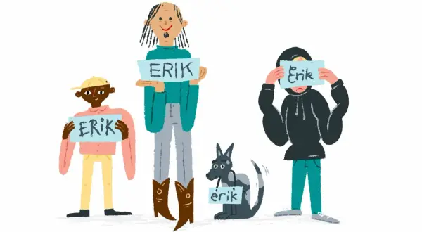 En grupp med flera personer och en hund, alla håller upp skyltar med namnet "Erik". En rolig samling av Erik-schema plural.