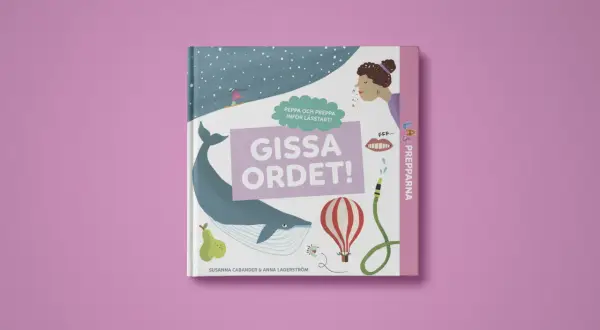 Barnbok "Gissa ordet!" med illustrationer av en val, luftballong och en person som nyser. Perfekt för att lära sig nya ord, ett riktigt galej betyder!