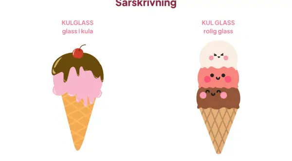 Två glassar i strut. En rosa kulglass med chokladsås och körsbär. En annan glass med tre färgglada kulor och ansikten.