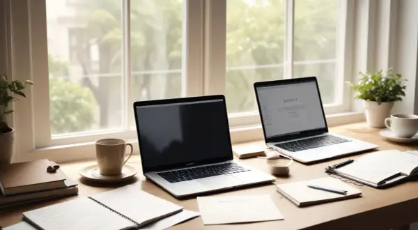 Två laptops, en kaffekopp och anteckningsblock på ett skrivbord. Känns det igen? Detsamma eller det samma, en perfekt arbetsplats för studier eller jobb.