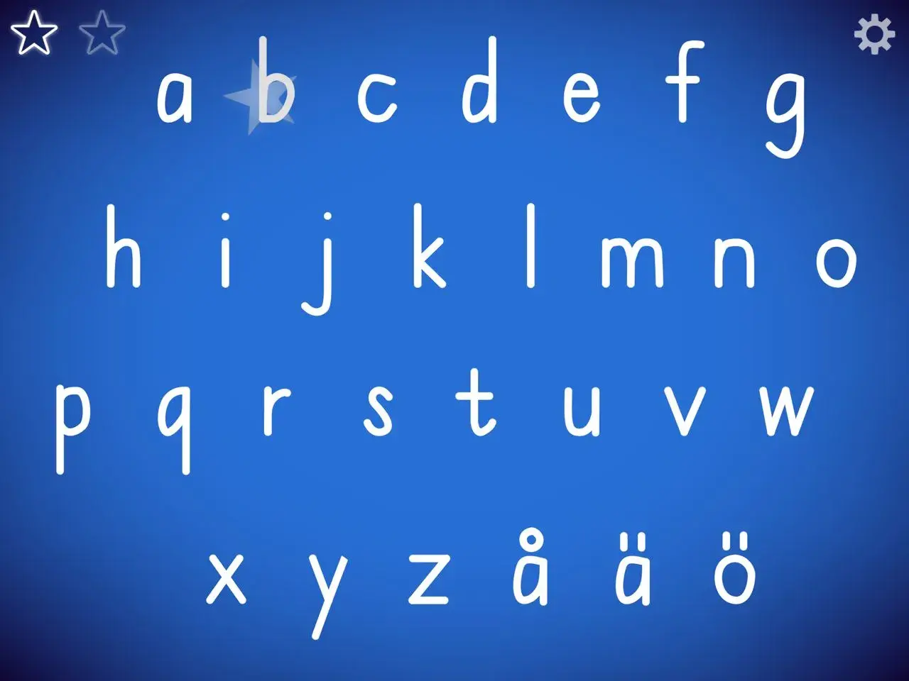 Lowercase alphabet letters a-z and å, ä, ö on a blue background.