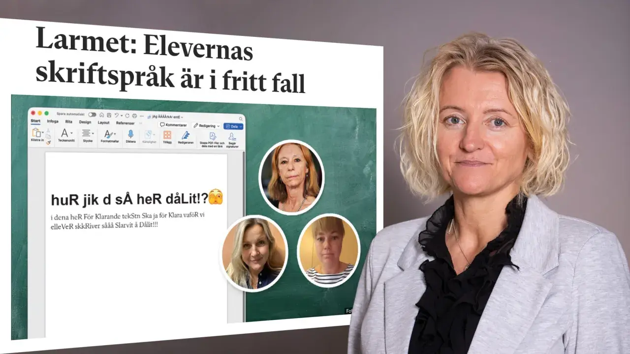 Kvinna ler. I bakgrunden syns en datorskärm med text om elevers skriftspråk och bilder på tre kvinnor. Meningsbyggnad svenska är i fokus.