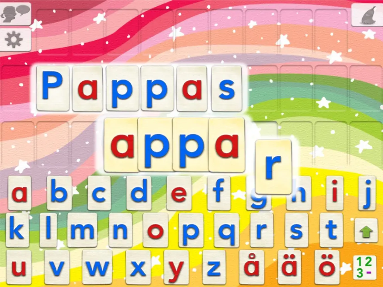 Barn leker och försöker **bilda ord** med bokstavsplattor. "Pappas" och "appar" är synliga.